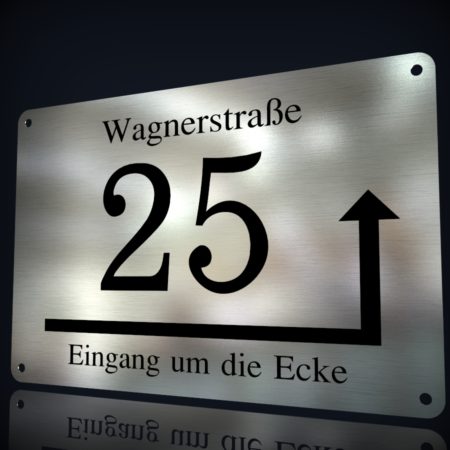 Edelstahl Hausnummer „25 – Eingang um die Ecke“