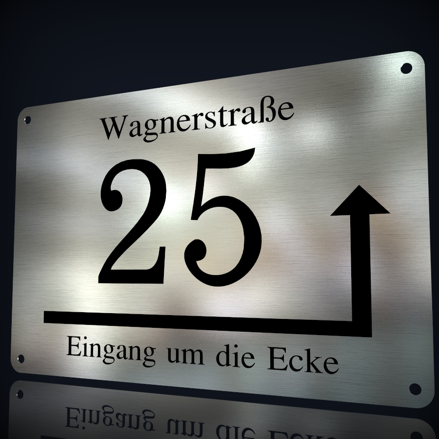 Edelstahl Hausnummer "25 - Eingang um die Ecke"