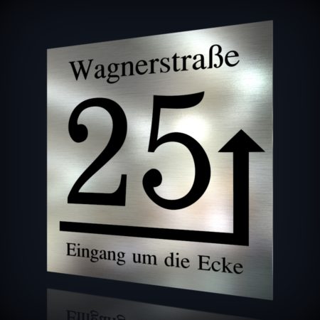 Edelstahl Hausnummer „25 – Eingang um die Ecke-2“