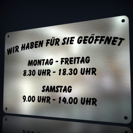 Edelstahl Firmenschild “Öffnungszeiten”