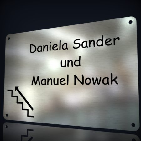 Edelstahl Namensschild “Sander” mit Treppe und Hinweispfeil