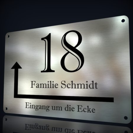 Edelstahl Hausnummer „18 – Eingang um die Ecke“