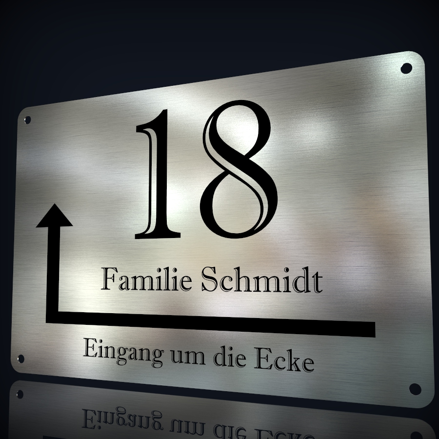Edelstahl Hausnummer "18 - Eingang um die Ecke"