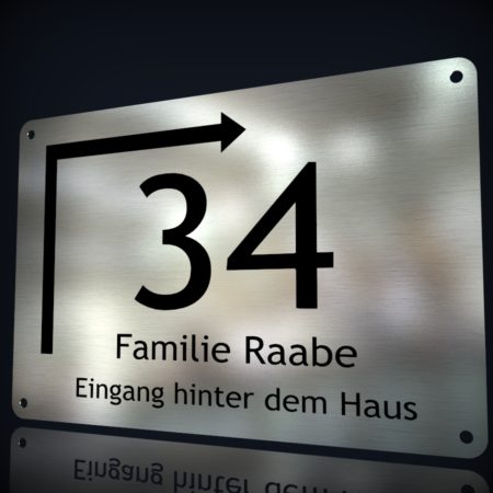 Edelstahl Hausnummer „34 – Eingang hinter dem Haus“