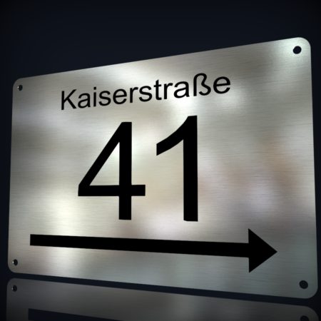 Edelstahl Hausnummer „41“ mit Hinweispfeil