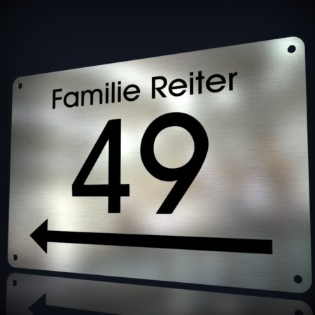 Edelstahl Hausnummer „49“ mit Hinweispfeil