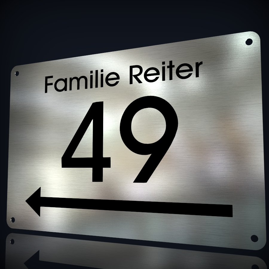 Edelstahl Hausnummer "49" mit Hinweispfeil