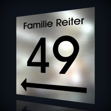 Edelstahl Hausnummer "49-2" mit Hinweispfeil