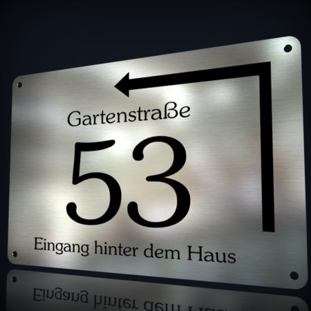 Edelstahl Hausnummer „53 – Eingang hinter dem Haus“